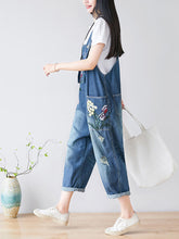 Load image into Gallery viewer, Women Casual Flower Embroidery Frayed Pocket Denim Jumpsuits