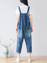 Load image into Gallery viewer, Women Casual Flower Embroidery Frayed Pocket Denim Jumpsuits