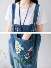 Load image into Gallery viewer, Women Casual Flower Embroidery Frayed Pocket Denim Jumpsuits