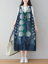 Load image into Gallery viewer, Women Artsy Dot Print Frayed Pocket Vest Denim Dress