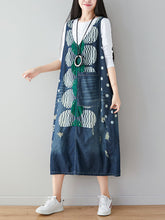 Load image into Gallery viewer, Women Artsy Dot Print Frayed Pocket Vest Denim Dress