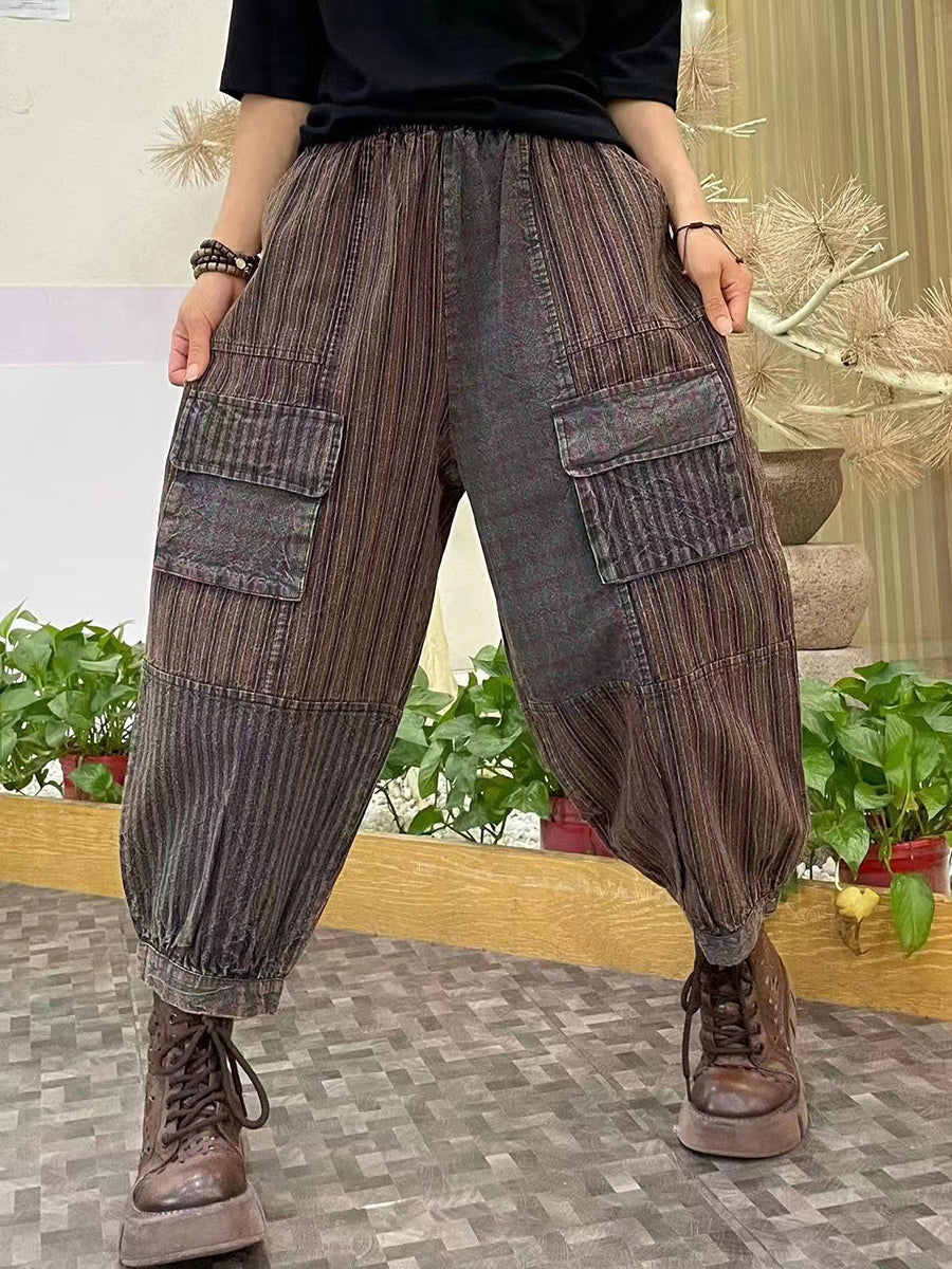 Women Vintage Stripe Pocket Spliced Harem Pants