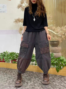 Women Vintage Stripe Pocket Spliced Harem Pants