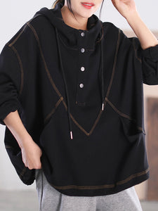 Plus Size Women Autumn Casual Solid Stitching Hooded Shirt