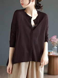 Women Casual Solid Soft Linen Knitted Button Cardigan Shirt