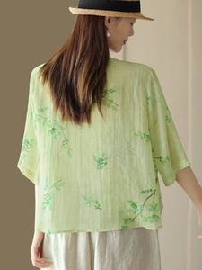 Women Summer Vintage Flower Slant Closure Ramie Shirt