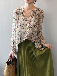 Women Summer Artsy Floral V-neck Loose Shirt