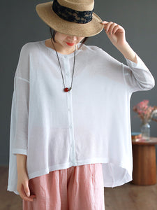 Women Casual Solid Soft Linen Knitted Button Cardigan Shirt