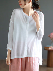 Women Casual Solid Soft Linen Knitted Button Cardigan Shirt