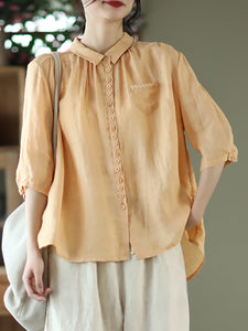 Women Spring Artsy Solid Button Embroidery Loose Ramie Shirt