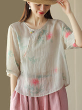 Load image into Gallery viewer, Women Summer Vintage Flower Slant Closure Ramie Shirt