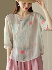 Women Summer Vintage Flower Slant Closure Ramie Shirt