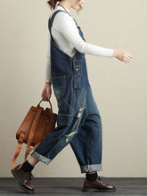 Load image into Gallery viewer, Women Summer Retro Frayed Pocket High-Waist Denim Jumpsuits