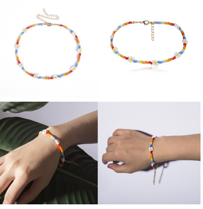 Personalized Colorful Beaded Ethnic Necklace Creative Rice Bead Woven Flower Geometric Necklace Bracelet Anklet