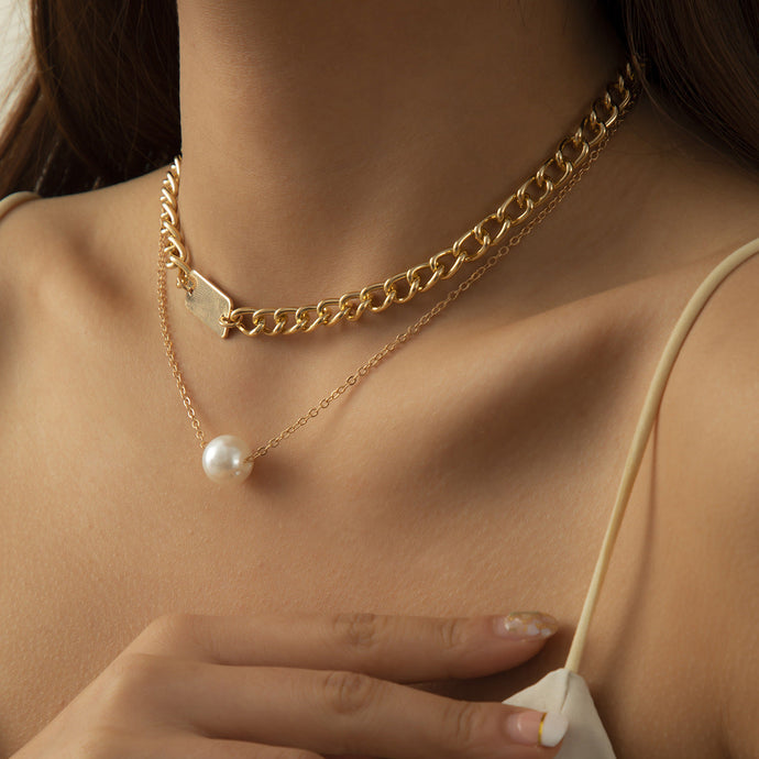 Simple double-layer geometric square pearl necklace temperament and generous metal chain neck necklace