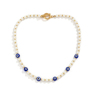 Geometric simple OT buckle single-layer clavicle chain Retro stitching artificial pearl eye necklace