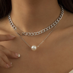 Simple double-layer geometric square pearl necklace temperament and generous metal chain neck necklace