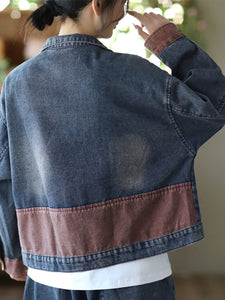 Women Spring Retro Patchwork Button Pocket Denim Coat