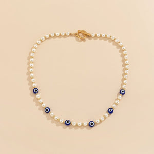 Geometric simple OT buckle single-layer clavicle chain Retro stitching artificial pearl eye necklace