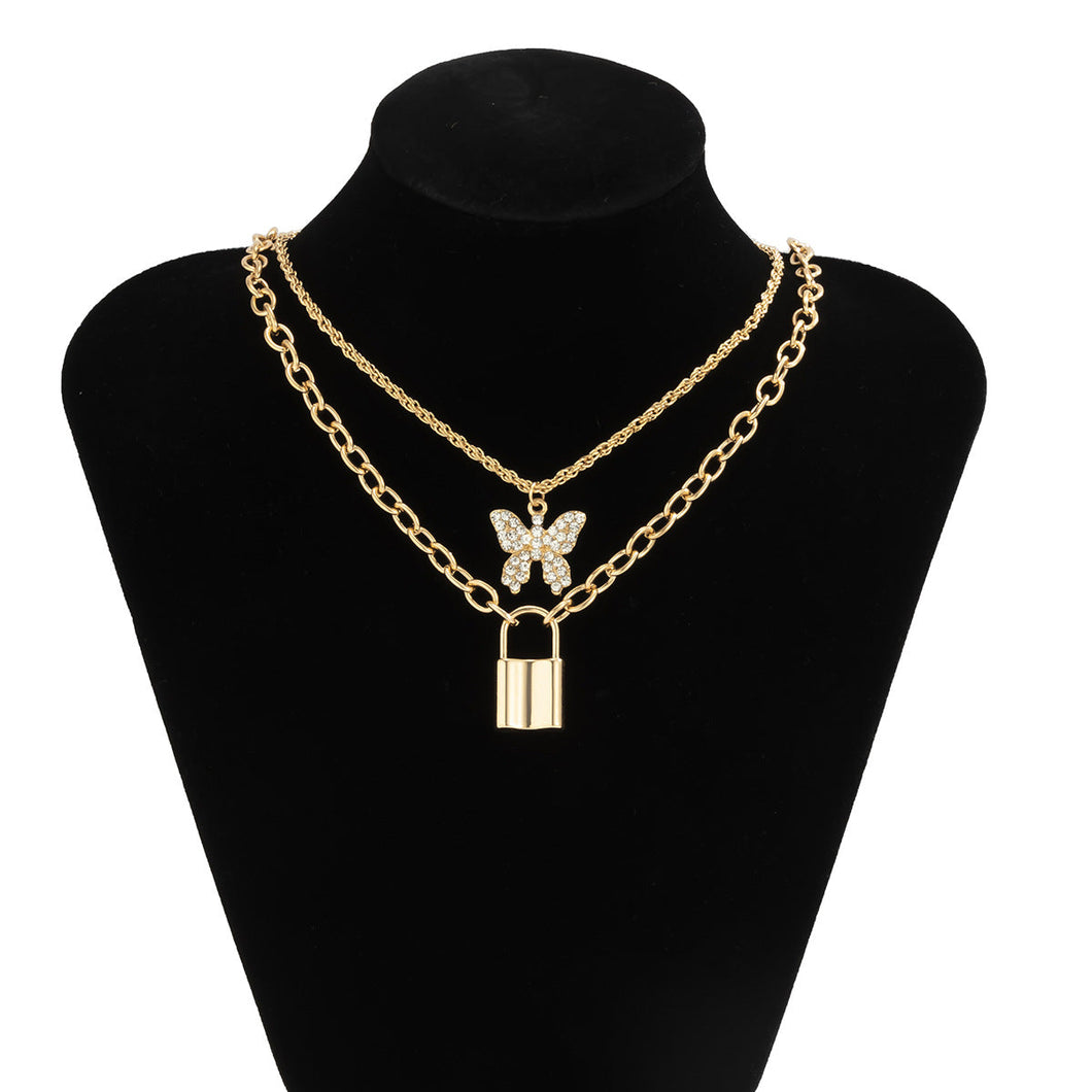 Fashion Inlaid Rhinestone Set Metal Necklace Personality Geometric Padlock Pendant Alloy Jewelry