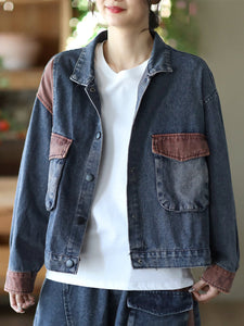 Women Spring Retro Patchwork Button Pocket Denim Coat