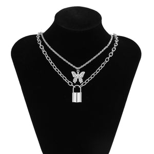 Fashion Inlaid Rhinestone Set Metal Necklace Personality Geometric Padlock Pendant Alloy Jewelry