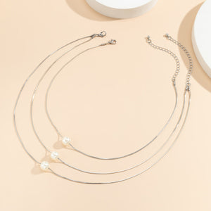 Multi-layer Imitation Pearl Pendant Necklace Geometric Thin Chain Snake Bone Necklace