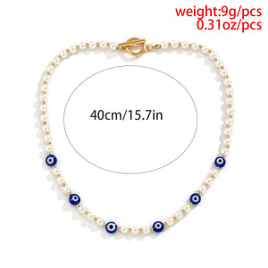 Geometric simple OT buckle single-layer clavicle chain Retro stitching artificial pearl eye necklace