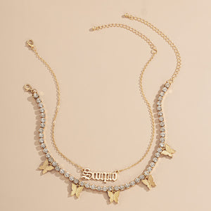 Multi-butterfly necklace women simple retro letter flash diamond collarbone necklace