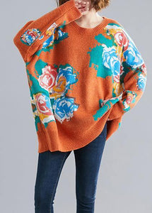 Aesthetic orange print knit tops o neck plus size knitwear