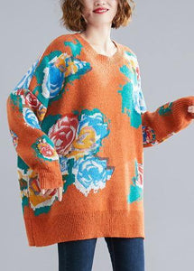 Aesthetic orange print knit tops o neck plus size knitwear