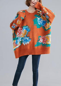 Aesthetic orange print knit tops o neck plus size knitwear