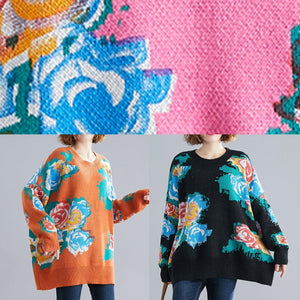 Aesthetic orange print knit tops o neck plus size knitwear