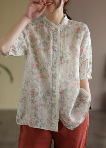 Apricot Print Linen Blouse Top Button Half Sleeve