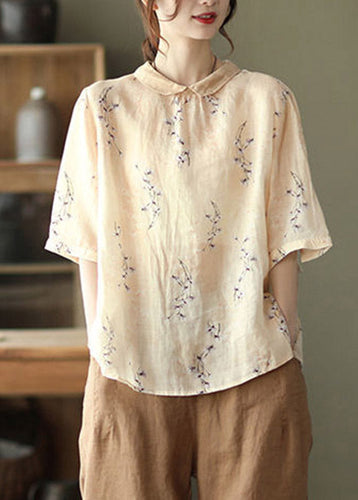 Apricot Print Linen Blouse Tops Half Sleeve