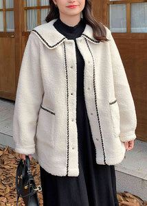 Art Beige Button Pockets Patchwork Teddy Faux Fur Coats Fall