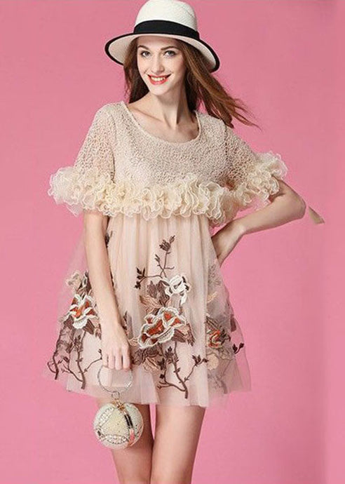 Art Beige Embroideried Ruffled Patchwork Organza Mini Dresses Short Sleeve