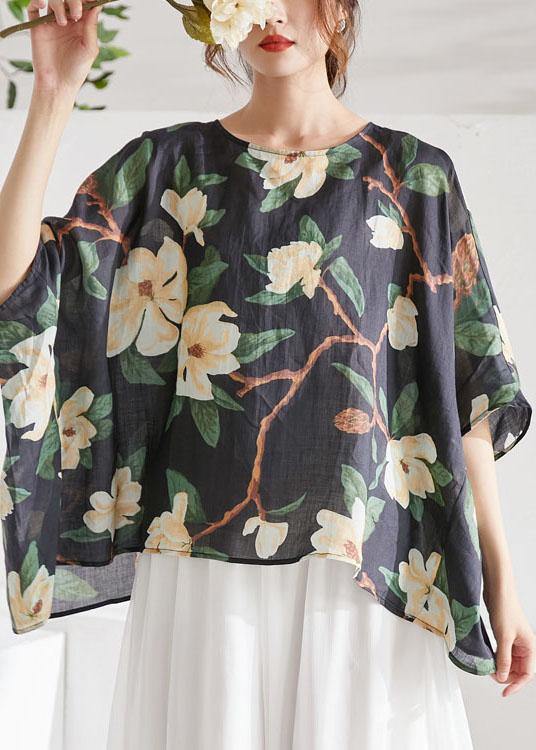 Art Black Bat Sleeve Asymmetrical Print Summer Ramie Blouse Tops Half Sleeve