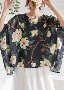 Art Black Bat Sleeve Asymmetrical Print Summer Ramie Blouse Tops Half Sleeve