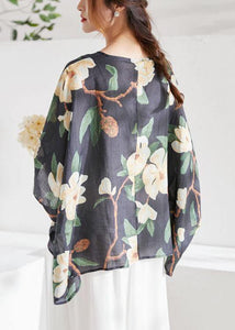 Art Black Bat Sleeve Asymmetrical Print Summer Ramie Blouse Tops Half Sleeve