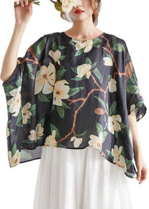 Art Black Bat Sleeve Asymmetrical Print Summer Ramie Blouse Tops Half Sleeve