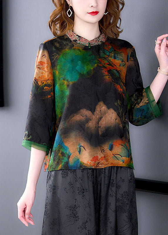 Art Black Stand Collar Embroideried Print Silk Shirt Bracelet Sleeve