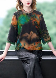 Art Black Stand Collar Embroideried Print Silk Shirt Bracelet Sleeve