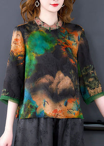 Art Black Stand Collar Embroideried Print Silk Shirt Bracelet Sleeve