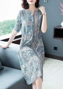 Art Blue Cinched Print Silk Shirt Dresses Summer