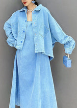 Load image into Gallery viewer, Art Blue Peter Pan Collar Patchwork Coat And Dress Denim Two Pieces Set Spring