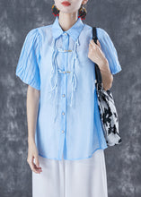 Load image into Gallery viewer, Art Blue Peter Pan Collar Tassel Silk Blouse Tops Lantern Sleeve