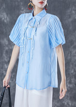 Load image into Gallery viewer, Art Blue Peter Pan Collar Tassel Silk Blouse Tops Lantern Sleeve