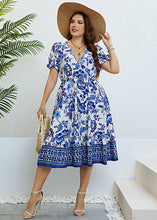 Load image into Gallery viewer, Art Blue V Neck Print Elastic Waist Silk Maxi Dress Summer