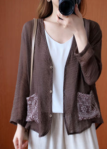 Art Chocolate V Neck Patchwork Pockets Linen Shirt Tops Spring